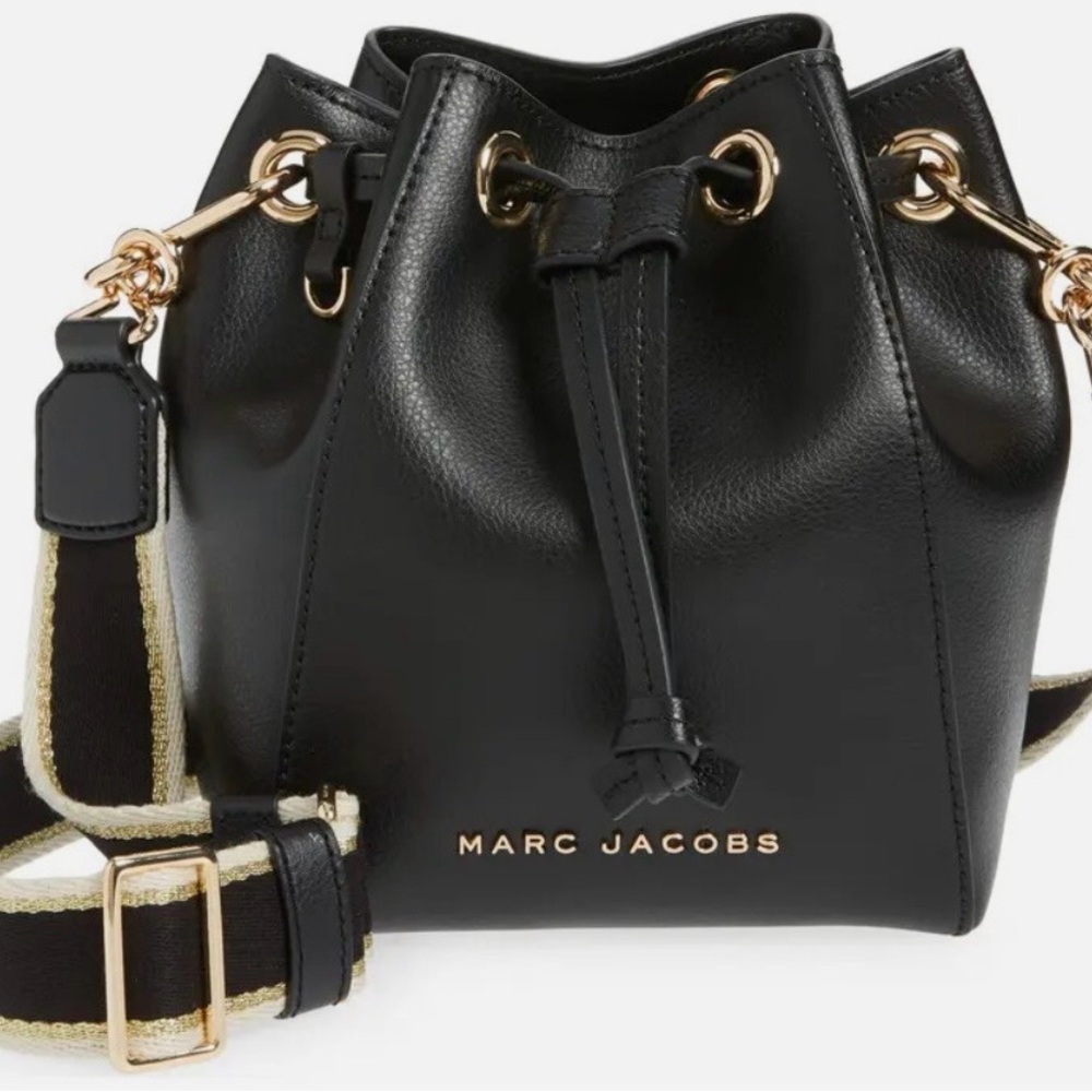 Marc Jacobs Black Leather Drawstring Bucket Crossbody with Gold Hardware